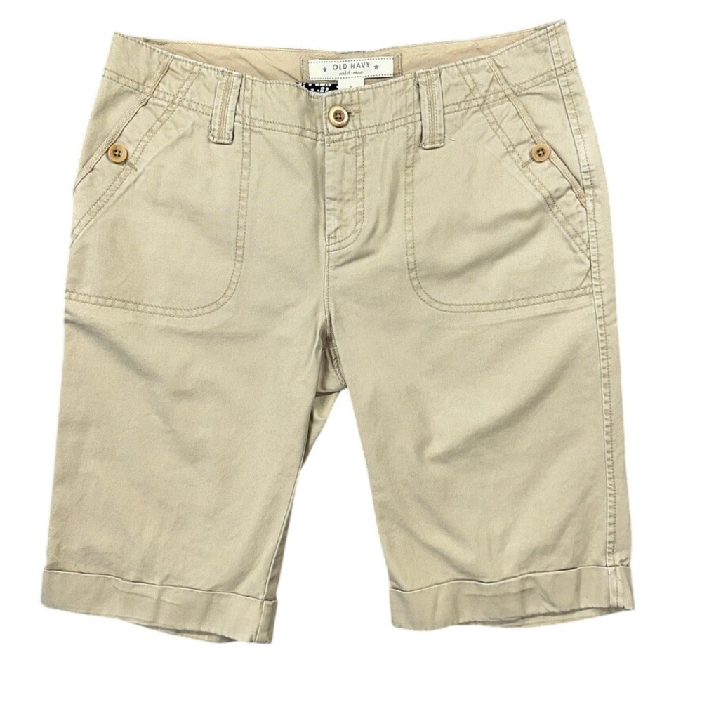 Old Navy Bermuda Shorts Women 8 Khaki Beige Mid Rise Cuffed Cotton Twill Classic